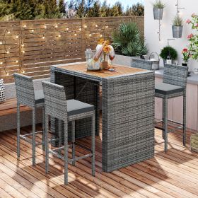 5-pieces Outdoor Patio Wicker Bar Set, Bar Height Chairs With Non-Slip Feet And Fixed Rope, Removable Cushion, Acacia Wood Table Top 5-pieces Outdoor Patio Wicker Bar Set, Bar Height Chairs With Non-Slip Feet And Fixed Rope, Removable Cushion, Acacia Wood Table Top